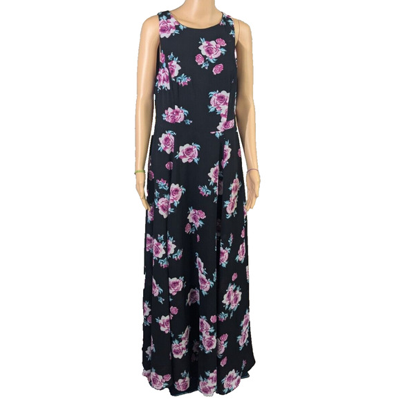Torrid Maxi Dress 10 Black Sleeveless High Neck Lined Pink Rose Pattern - Picture 1 of 6